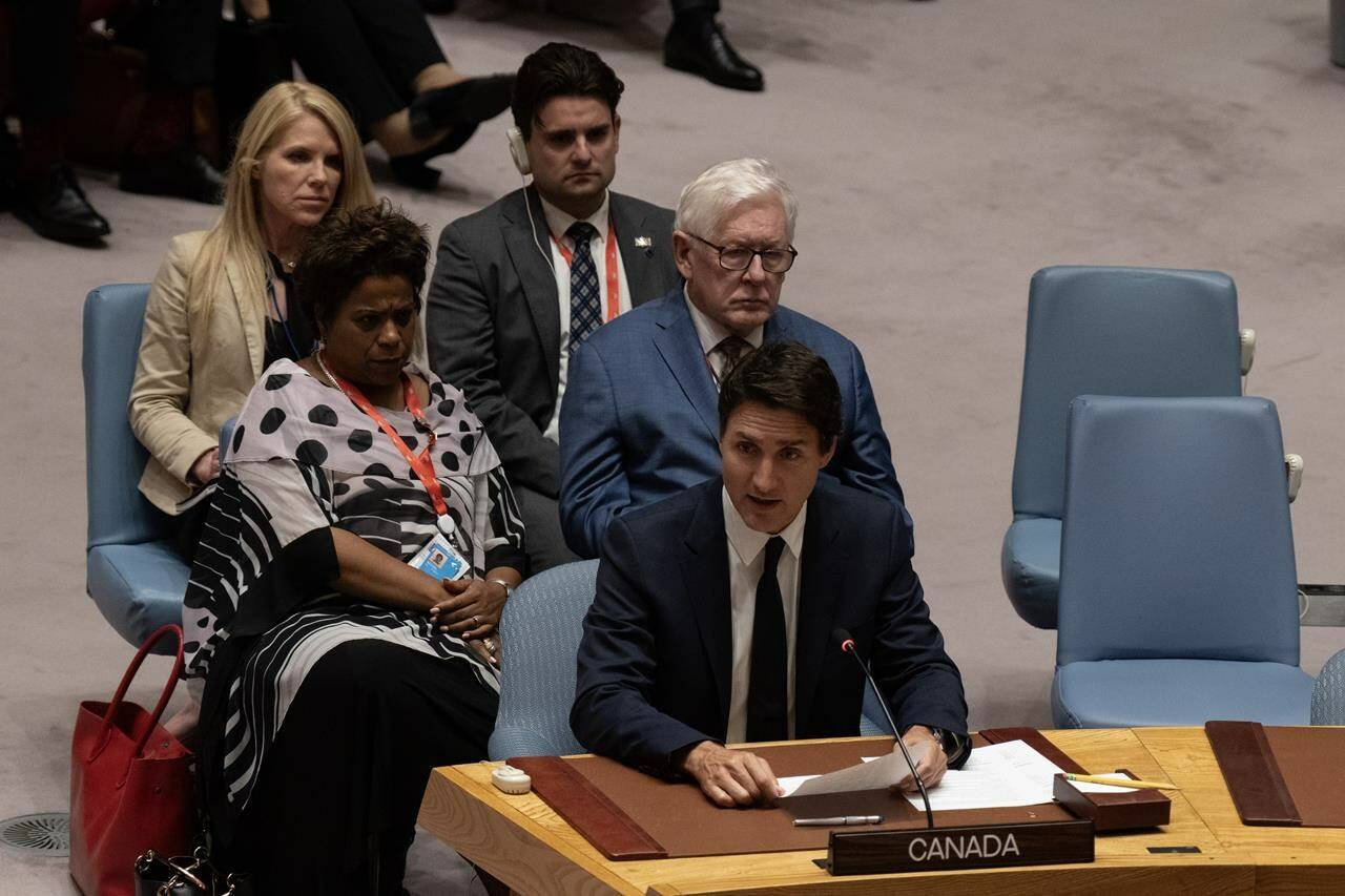 Bob Rae, Canada’s ambassador to the United Nations, sits with members of the Canadian delegation as Prime Minister Justin Trudeau speaks at the UN Security Council in New York, Wednesday, Sept. 20, 2023. A Canadian-led effort to formally condemn Hamas for the “deliberate cruelty” of its deadly Oct. 7 attacks on Israel went down to defeat Friday as the UN instead endorsed a more neutral call for a humanitarian pause in hostilities. THE CANADIAN PRESS/Adrian Wyld