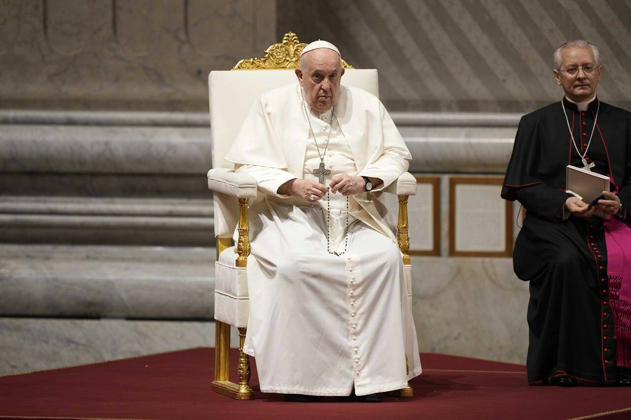 Pope Francis leads a prayer for peace inside St. Peter’s Basilica, at The Vatican, Friday, Oct. 27, 2023. (AP Photo/Andrew Medichini)