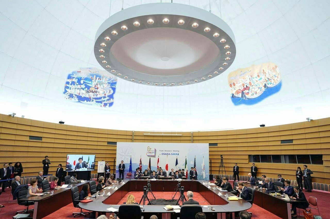 A general view of a G-7 Trade Ministers’ Meeting in Osaka, western Japan, Sunday, Oct. 29, 2023. Trade and economy officials from the Group of Seven wealthy democracies strengthened their pledge Sunday to work together to ensure smooth supply chains for essentials like energy and food despite global uncertainties.(Kyodo News via AP)