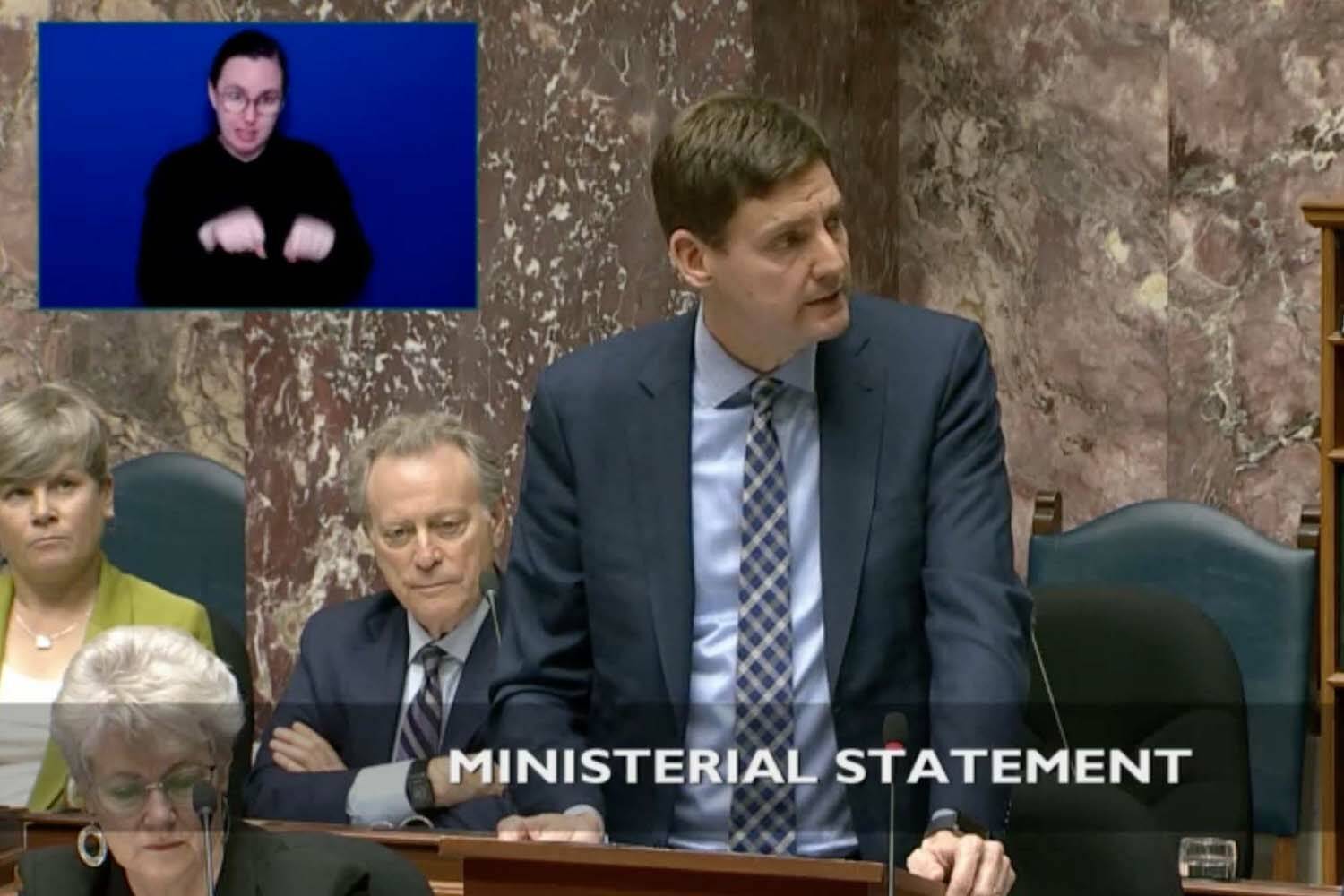 Premier David Eby, here seen earlier this month in the legislature denouncing the attacks by Hamas on Israel as well as several cases of anti-Semitism in British Columbia, Monday announced that B.C. will make Holocaust education mandatory in 2025-26. (Screencap).