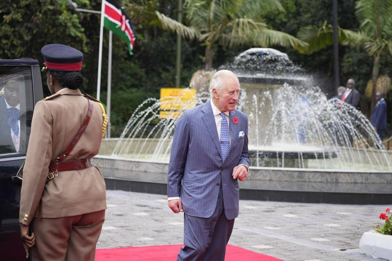 Britain’s King Charles III arrives at State House to meet with Kenyan President William Ruto, in Nairobi, Tuesday, October 31, 2023. King Charles III is in Kenya for a four-day trip, his first state visit to a Commonwealth country as monarch, underscoring his commitment to an organization that’s been central to Britain’s global power and prestige since World War II. (AP Photo/Khalil Senosi)