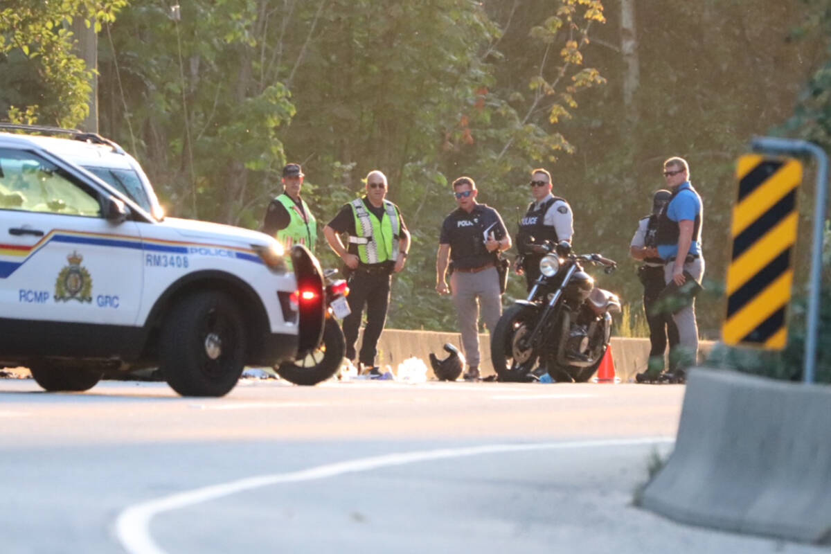 Changes to the B.C. Highway Patrol’s operations remain delayed, Public Safety Minister Mike Farnworth says. A vehicle crash on Lougheed Highway near Spilsbury Street on Aug. 1, 2023 resulted in one person dying after a motorcycle collided with a minivan. (Shane MacKichan)