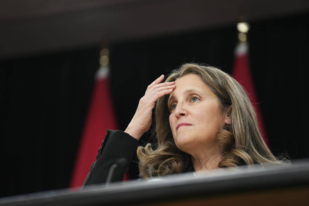Deputy Prime Minister and Minister of Finance Chrystia Freeland holds a press conference in Ottawa on Tuesday, Oct. 31, 2023. The Alberta and federal governments, in duelling letters, each called on the other to be transparent and accountable when it comes to the province’s proposal to quit the Canada Pension Plan. THE CANADIAN PRESS/Sean Kilpatrick