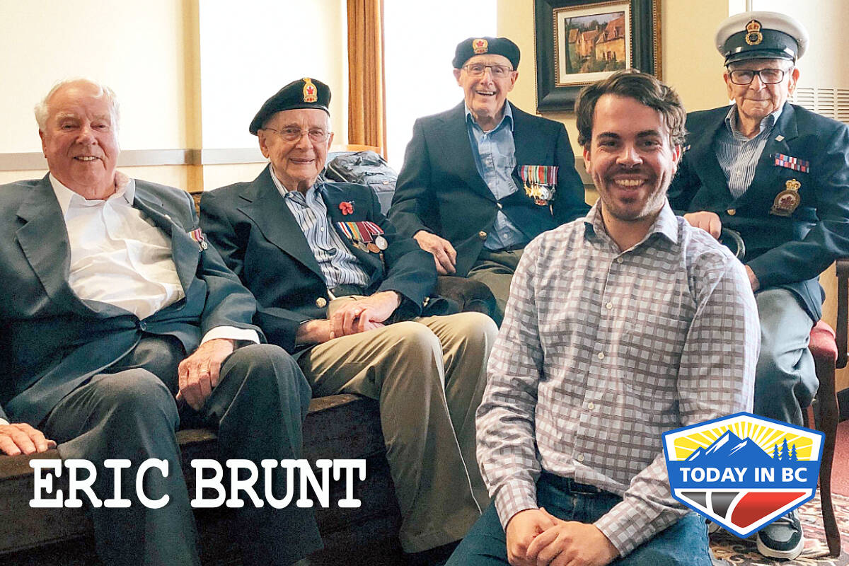 Four veterans with Eric Brunt, representing the four branches of service during the Second World War. From left to right: Joe Prim (Merchant Navy), James Steele (Army) Elmo Baird (Air Force), and Roderick Deon (Navy). Location: St John's, NL. (Eric Brunt Media photo)