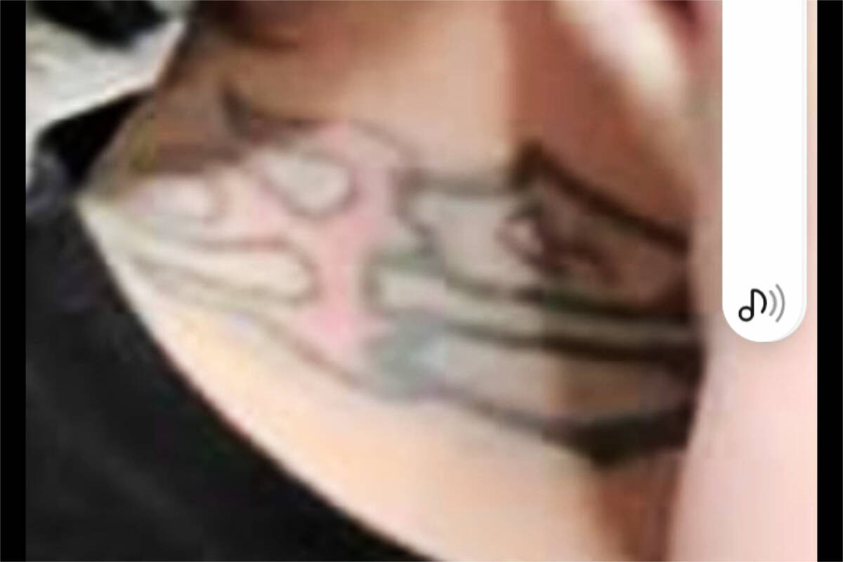 An image of a neck tattoo on Jay Preston Raphael, missing from Saik’uz First Nation since Feb. 25, 2023. (Photo submitted)