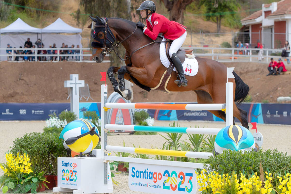 Langley’s Tiffany Foster, riding Figor, helped Team Canada earn silver in show jumping during the Pan American Games this week in Chile, earning a berth in the 2024 Olympics in Paris. (Cealy Tetley/Special to Langley Advance Times)