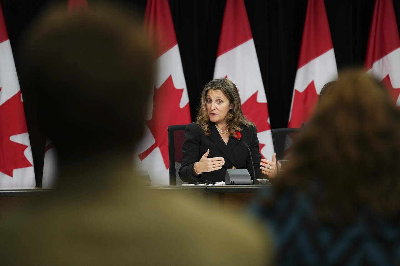 Finance ministers from across the country will meet up virtually with their federal counterpart Chrystia Freeland today to discuss Alberta’s proposal to quit the Canada Pension Plan. Freeland holds a press conference in Ottawa, Tuesday, Oct. 31, 2023. THE CANADIAN PRESS/Sean Kilpatrick