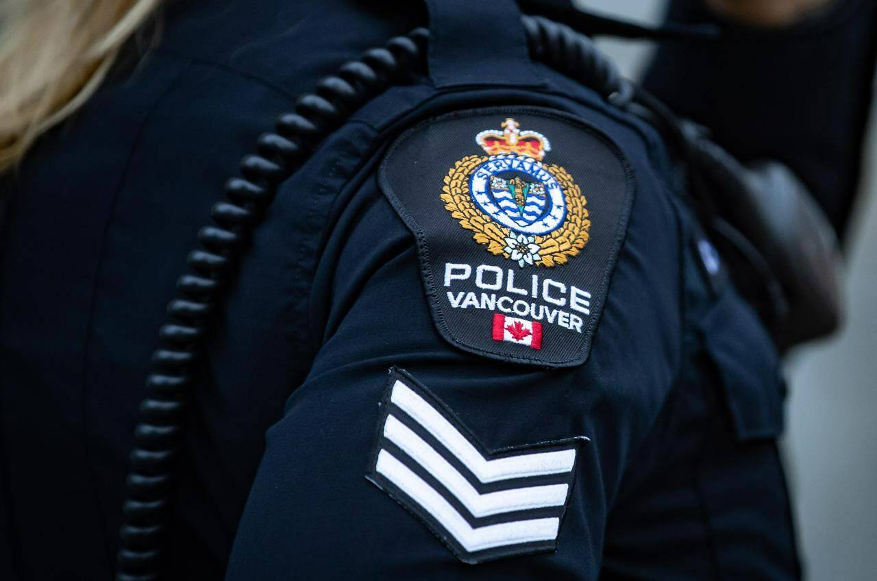 A Vancouver Police Department patch is seen on an officer’s uniform in the Downtown Eastside of Vancouver, B.C., Saturday, Jan. 9, 2021. THE CANADIAN PRESS/Darryl Dyck