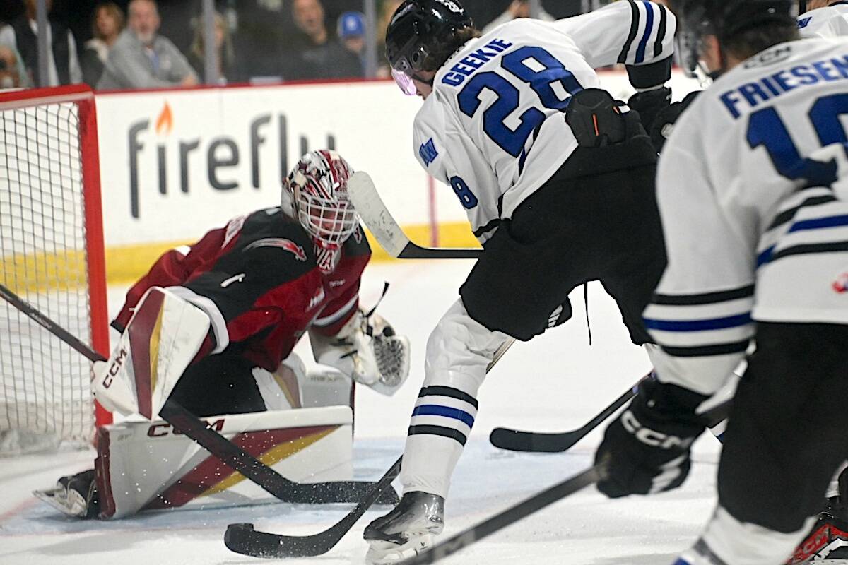 Giants goaltender Matthew Hutchison kept his team in the game, stopping 39 shots as Vancouver lost 3-2 to the Wenatchee Wild on Friday night, Nov. 3, at the Town Toyota Center. (Russ Alman/Special to Langley Advance Times)