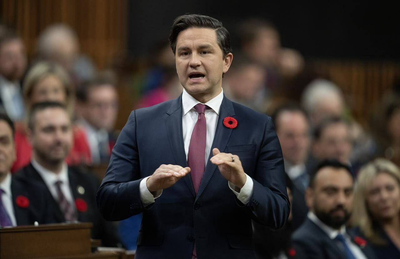 The Saskatchewan Party is hosting its convention in Regina today, with federal Conservative Leader Pierre Poilievre expected to make a speech. Poilievre rises during Question Period, in Ottawa, Thursday, Nov. 2, 2023. THE CANADIAN PRESS/Adrian Wyld