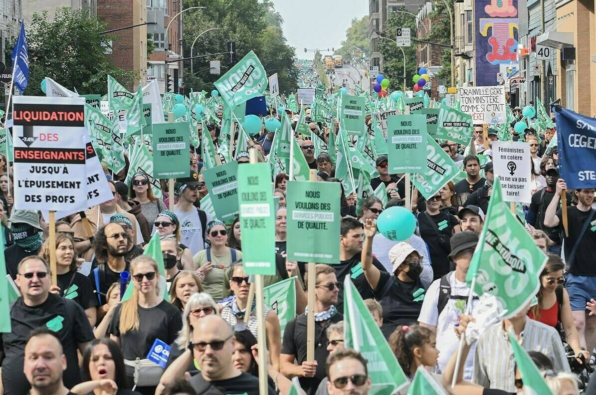 People take part in a public sector union demonstration in Montreal, Saturday, September 23, 2023. THE CANADIAN PRESS/Graham Hughes