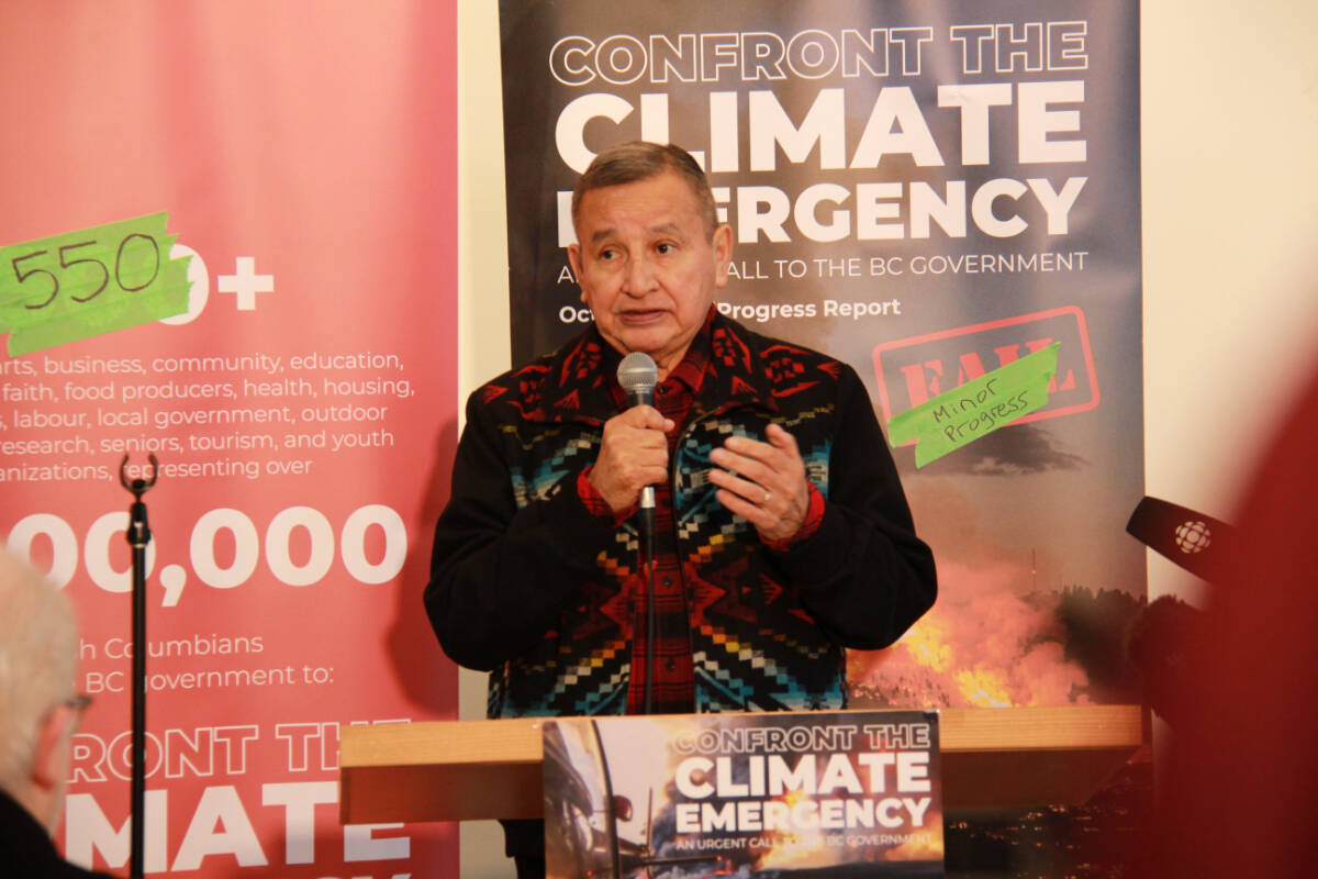 UBCIC President Grand Chief Stewart Phillip speaks in Vancover on Nov. 7, 2023, as one of 550 signatories of a report calling on B.C. to take greater action on climate change. (Jane Skrypnek/Black Press Media)