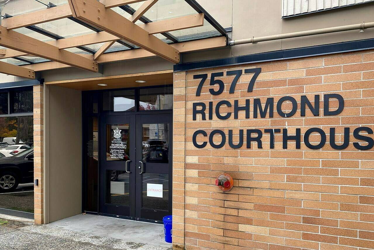 A British Columbia judge says a man who hit and killed two University of British Columbia students while driving in 2021 should serve three years in jail and be prohibited from driving for five years. An entrance to the Richmond, B.C., Provincial courthouse is seen Monday, Nov. 6, 2023. THE CANADIAN PRESS/Darryl Greer