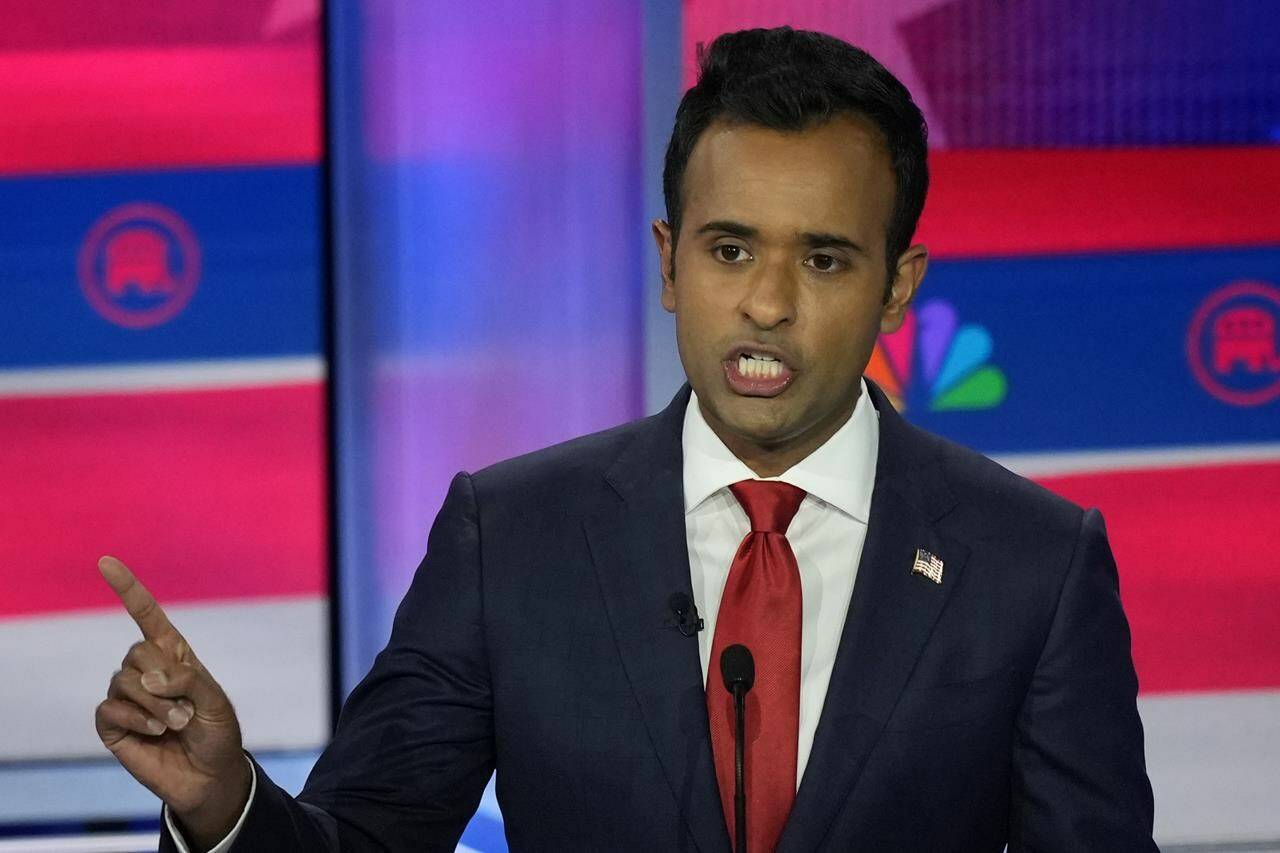 Republican presidential candidate businessman Vivek Ramaswamy speaks during a Republican presidential primary debate hosted by NBC News, Wednesday, Nov. 8, 2023, at the Adrienne Arsht Center for the Performing Arts of Miami-Dade County in Miami. Ramaswamy said he wants to build a wall at the Canada-U.S. border. THE CANADIAN PRESS/AP/Rebecca Blackwell