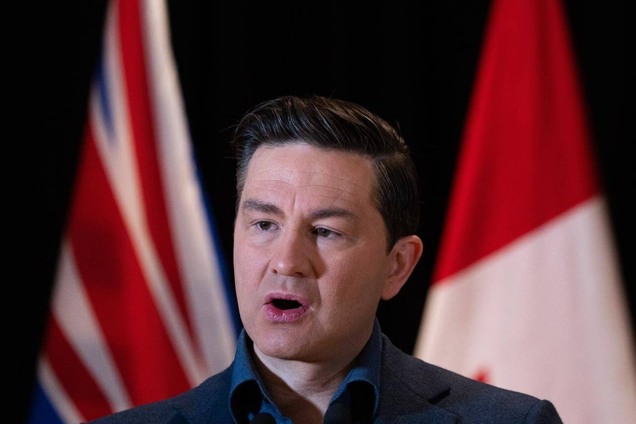Conservative Leader Pierre Poilievre speaks during a news conference in Vancouver on Monday, Nov. 13, 2023. Poilievre says he has not yet taken a position on the Liberals legislation seeking to ban the use of replacement workers during strikes and lockouts in federally-regulated workplaces. THE CANADIAN PRESS/Ethan Cairns