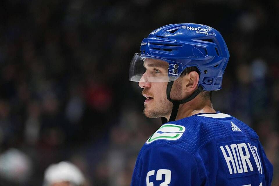 Vancouver Canucks’ Bo Horvat waits to take a faceoff against the Washington Capitals during the first period of an NHL hockey game in Vancouver, on Tuesday, November 29, 2022. THE CANADIAN PRESS/Darryl Dyck