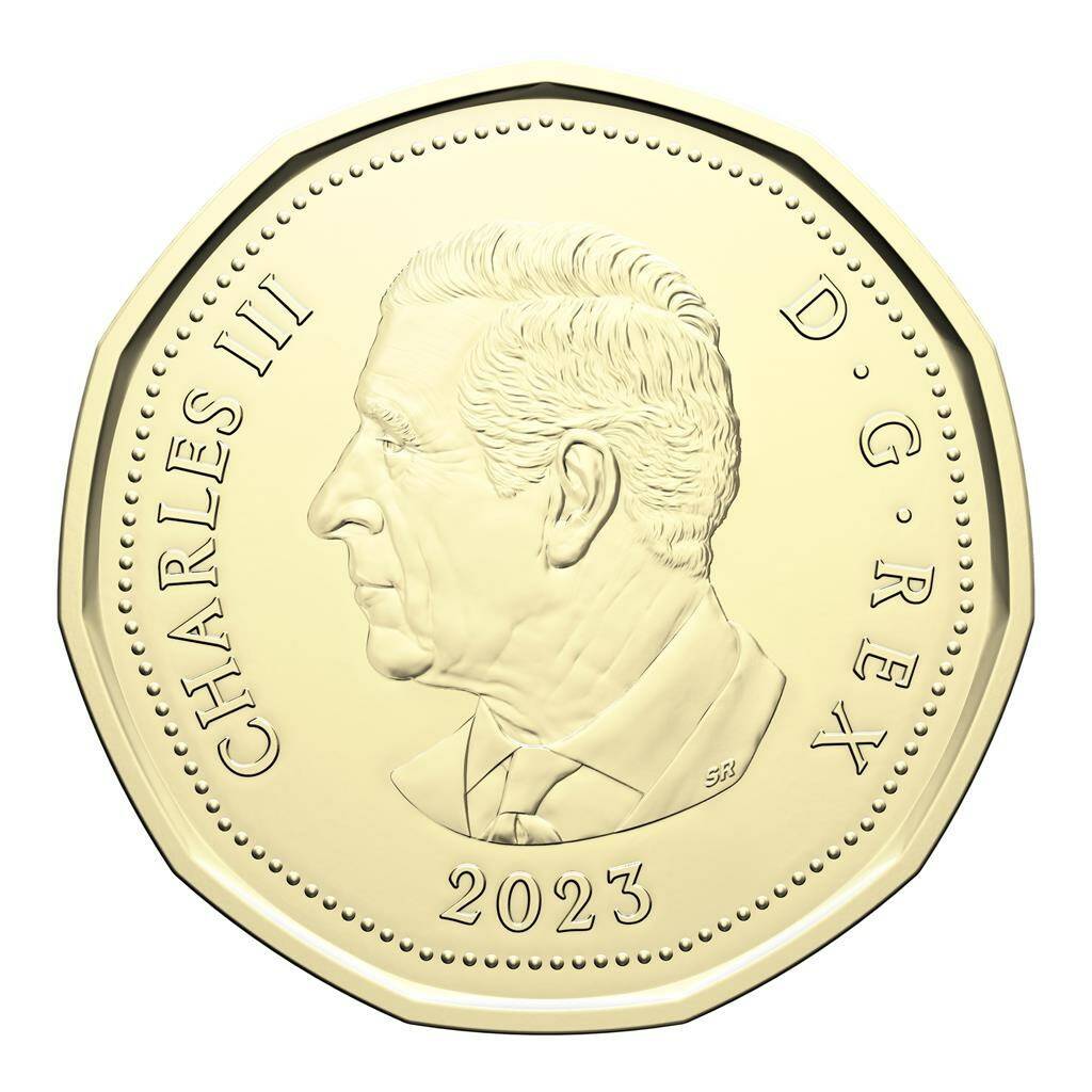 A likeness of King Charles is shown on a loonie in a handout photo. The Royal Canadian Mint will soon begin producing Canadian coins bearing the face of King Charles. THE CANADIAN PRESS/HO-Royal Canadian Mint