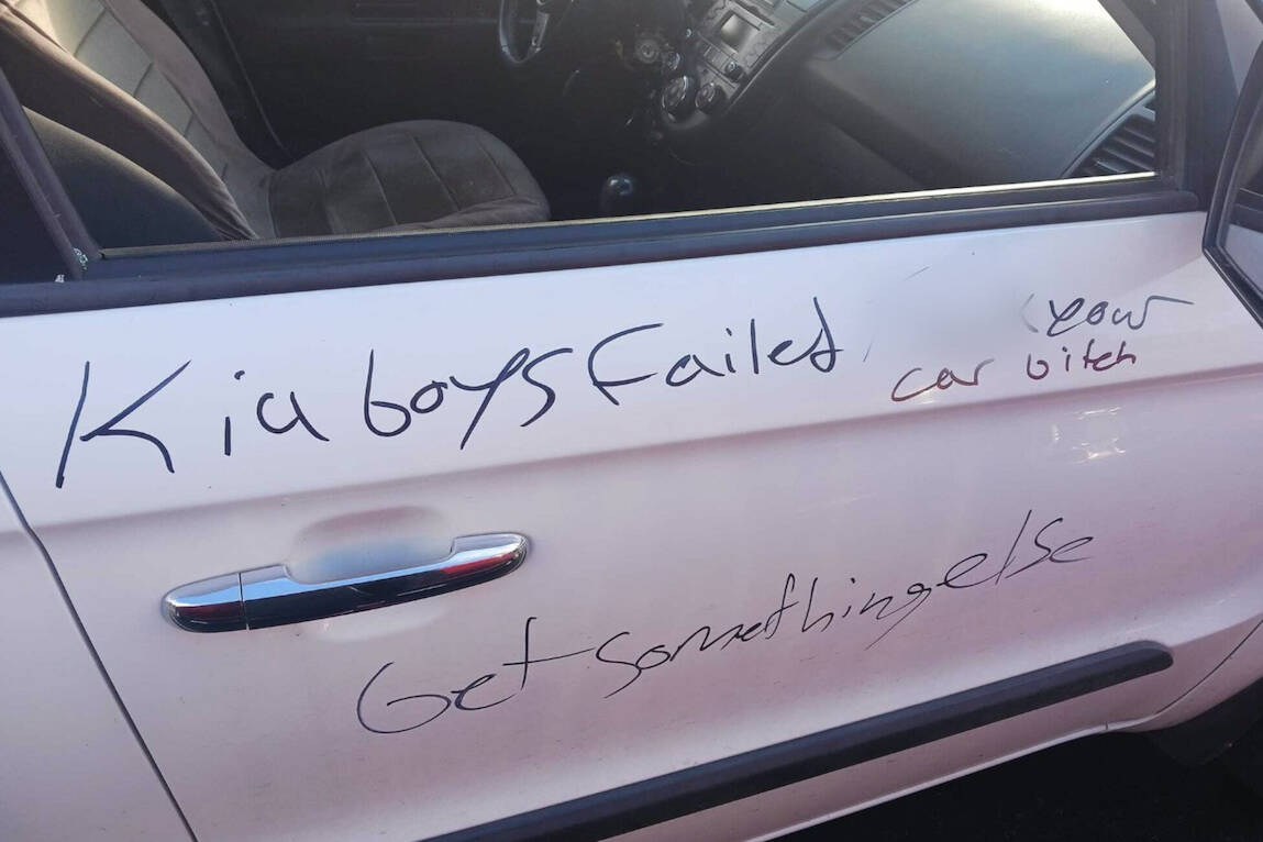 A senior on a fixed income who walks with canes came out to find her vehicle not only have its ignition and window punched out but offensive words written on her vehicle that point to the vandalism was part of a TikTok challenge. (Submitted)