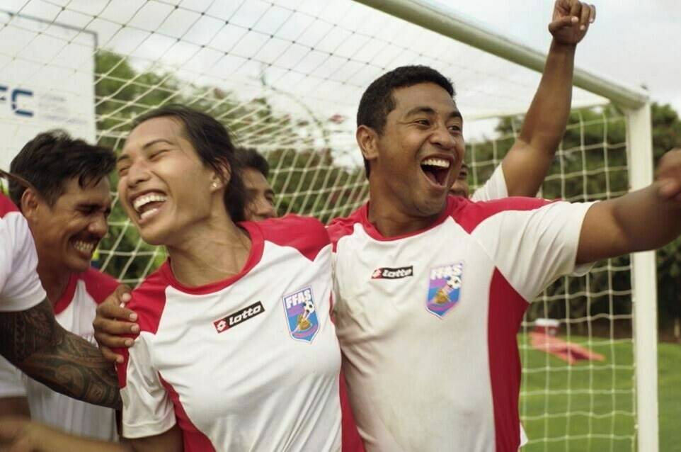 This image released by Searchlight Pictures shows Hilo Pelesasa, from left, Ioane Goodhue, Kaimana and Beulah Koale in a scene from “Next Goal Wins.” (Searchlight Pictures via AP)