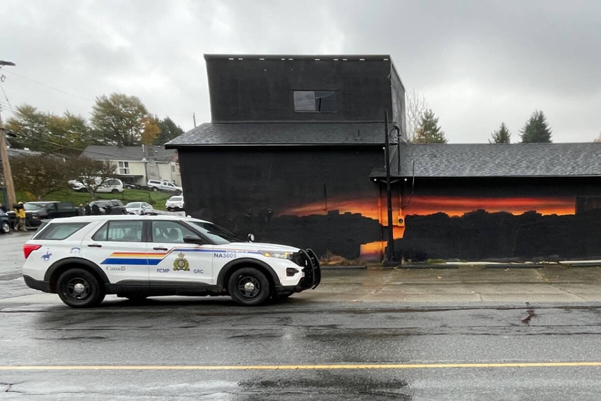 RCMP on scene at the former Hells Angels clubhouse in Nanaimo’s south end. The clubhouse is set to be demolished on Wednesday, Nov. 15. (Chris Bush/News Bulletin)