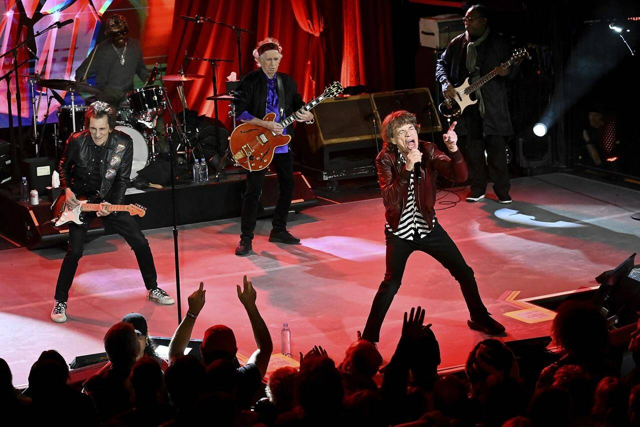 FILE - The Rolling Stones perform at a celebration for the release of their new album, “Hackney Diamonds,” Oct. 19, 2023, in New York. On Tuesday, Nov. 21, the legendary English band announced that they’re taking “Hackney Diamonds,” their first album of original material in 18 years, on the road. (Photo by Evan Agostini/Invision/AP, File)