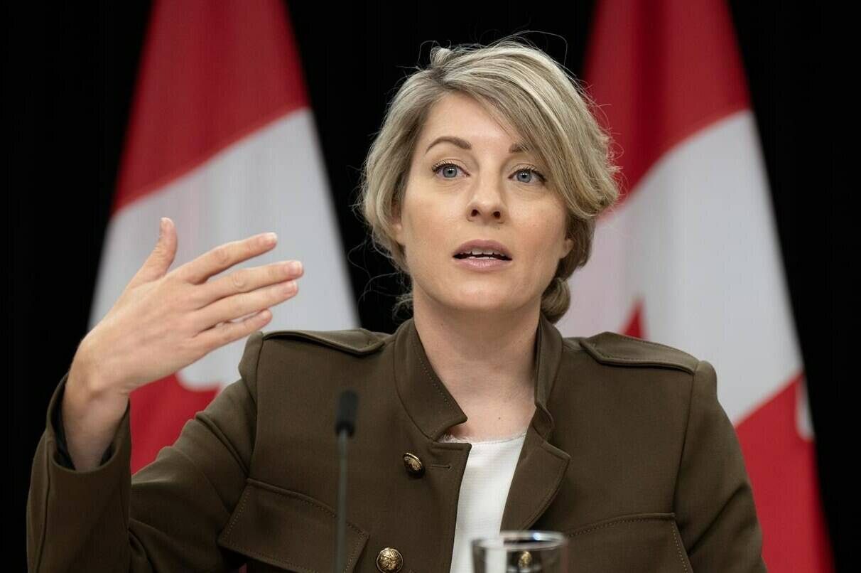 Foreign Affairs Minister Melanie Joly says Canada is closely watching a potential deal between Israel and Hamas to release hostages. Joly speaks during a news conference concerning the situation in Israel, Wednesday, October 11, 2023 in Ottawa. THE CANADIAN PRESS/Adrian Wyld
