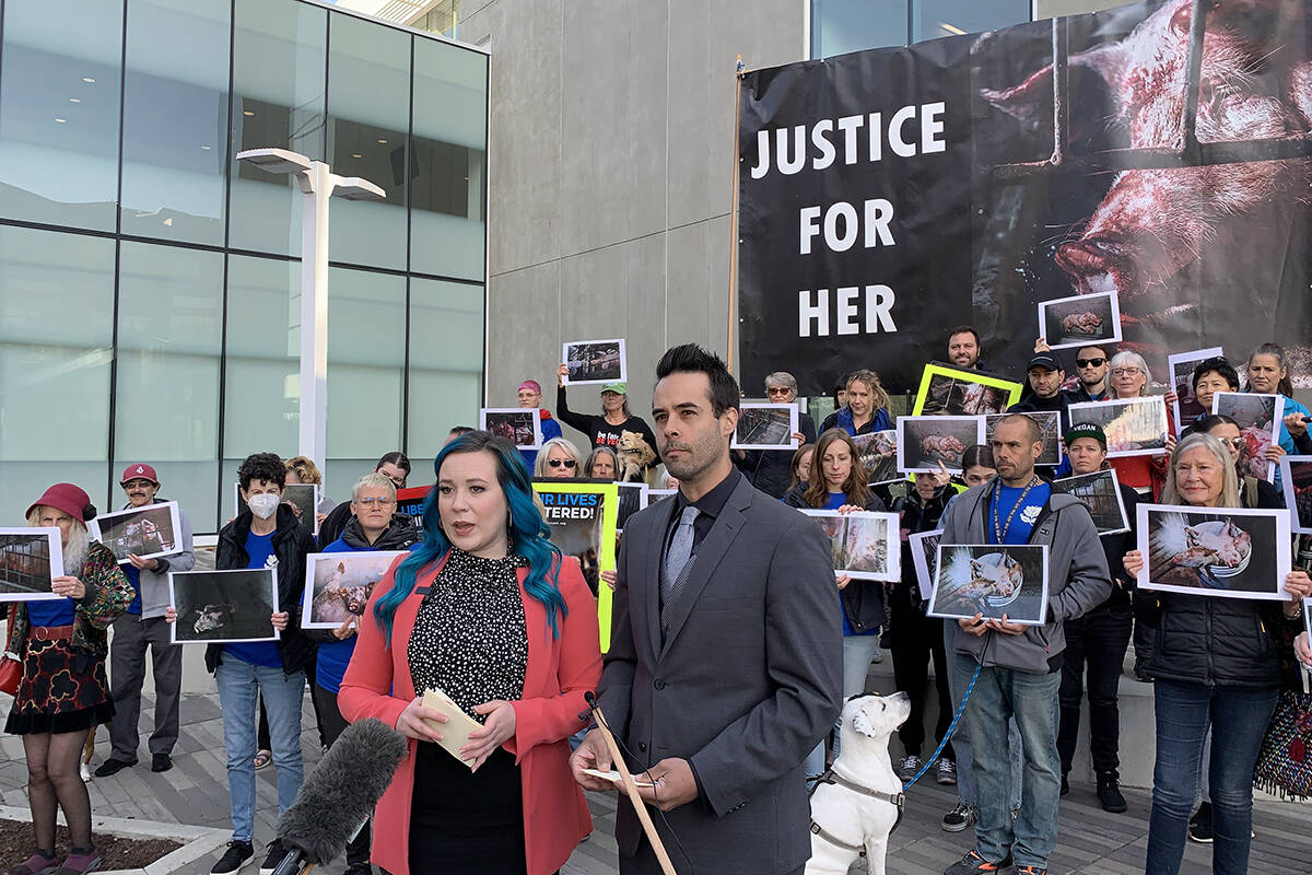 Amy Soranno and Nick Schafer spoke outside the Abbotsford Law Courts prior to sentencing on Oct. 12, 2022. The pair have appealed their conviction related to the Excelsior Hog Farm. (Jessica Peters/Abbotsford News)
