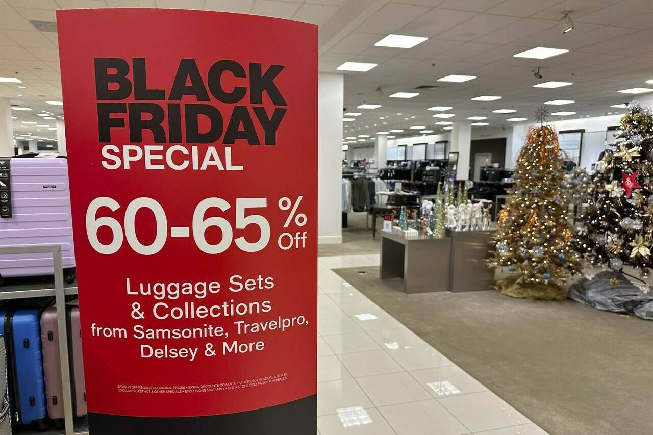 A sign announces Black Friday specials on luggage sets inside a Macy's department store on Monday, Nov. 20, 2023, in Denver. Retailers are kicking off the unofficial start of the holiday shopping season on Friday with a bevy of discounts and other enticements. (AP Photo/David Zalubowski)