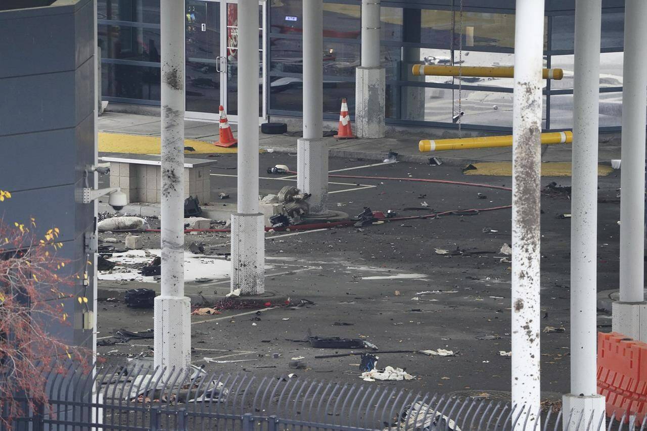 Debris is scattered about inside the customs plaza at the Rainbow Bridge border crossing, Wednesday, Nov. 22, 2023, in Niagara Falls, N.Y. The border crossing between the U.S. and Canada was closed after a vehicle exploded at a checkpoint on a bridge near Niagara Falls. The FBI’s field office in Buffalo said in a statement that it was investigating the explosion on the Rainbow Bridge, which connects the two countries across the Niagara River. THE CANADIAN PRESS/Derek Gee/The Buffalo News via AP