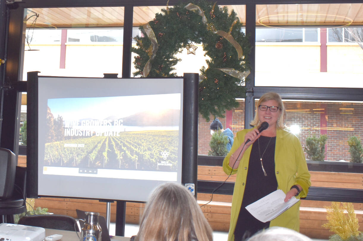 Penticton Rotary Club hosted chair of the BC Winegrowers Christa-Lee McWatters to speak on the state of the B.C. wine industry on Wednesday. The meeting was held at McWatters restaurant Orolo. (Monique Tamminga Western News)