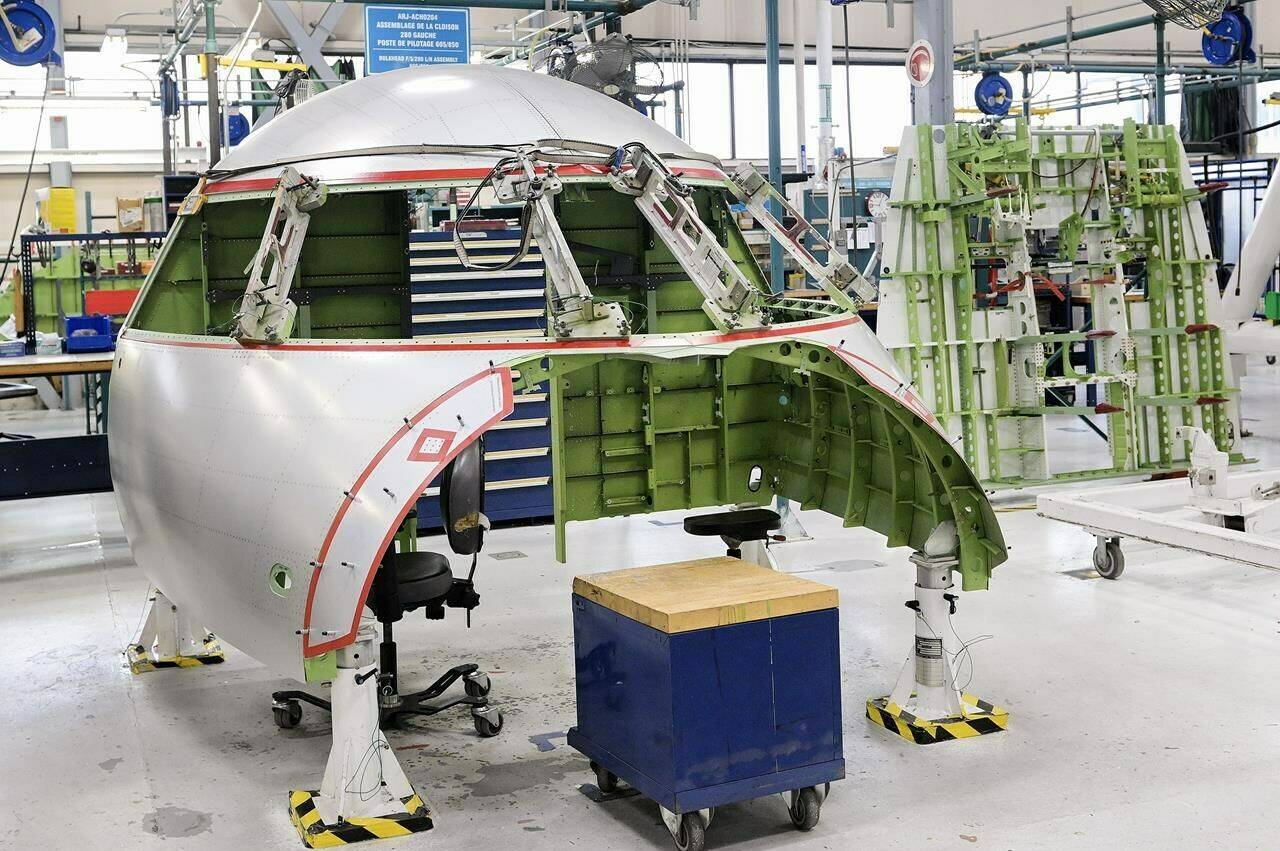 A Bombardier Challenger 650 aircraft cockpit is shown under construction at Bombardier’s Challenger manufacturing plant in Montreal, Wednesday, April 5, 2023. Canadian aerospace companies are pushing back against the notion that a Bombardier Inc. contract win to replace aging military patrol planes would be the most beneficial, stating that a deal between Ottawa and U.S. airplane giant Boeing Inc. could be at least as lucrative. THE CANADIAN PRESS/Graham Hughes