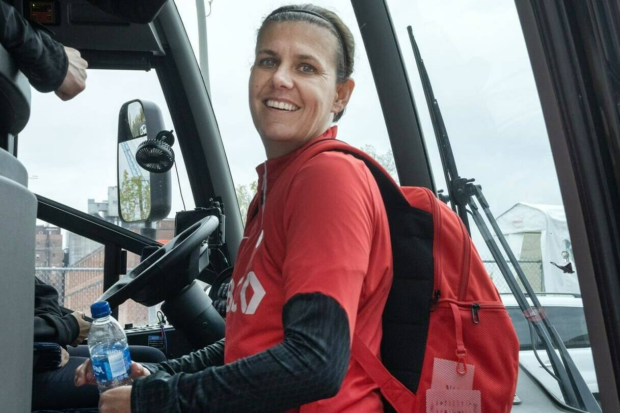 Canada’s national women’s soccer team captain Christine Sinclair boards the team bus after practice Thursday, October 26, 2023 in Montreal. The 40-year-old from Burnaby. B.C., is calling time on her international career with a pair of games against Australia in her backyard — on Friday at Starling Stadium in Langford, B.C., and Dec. 5 in Vancouver.THE CANADIAN PRESS/Ryan Remiorz