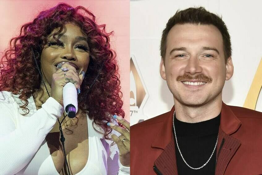 This combination of photos shows SZA performing at the Astroworld Music Festival in Houston on Nov. 5, 2021, center, and Morgan Wallen at the 57th Annual CMA Awards in Nashville, Tenn., on Nov. 8, 2023. (AP Photo)