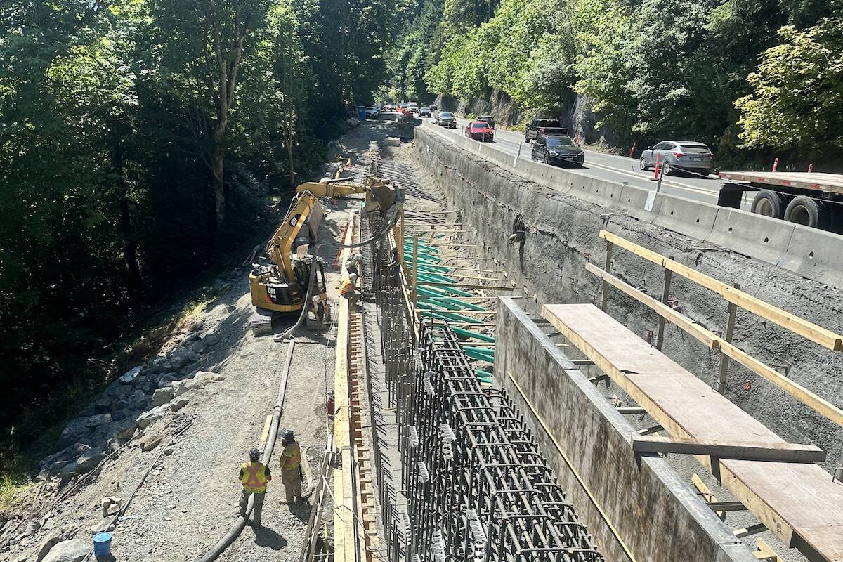 The Ministry of Transportation completed repairs to a 50-metre stretch of Malahat highway on Oct. 31, almost two years after heavy rains and floods washed out the northbound lane and compromised the cliffside retaining wall. A campaign the CRD could look at joining wants to sue fossil fuel companies for climate-related costs taxpayers are paying. (Courtesy of B.C.’s Ministry of Transportation)