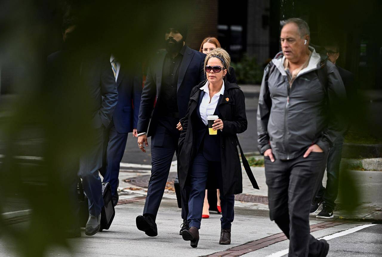 Defence lawyers representing two high-profile “Freedom Convoy” organizers are expected to present more new evidence today as they lay out their case. Tamara Lich arrives for her trial at the courthouse in Ottawa, on Tuesday, Sept. 19, 2023. THE CANADIAN PRESS/Justin Tang