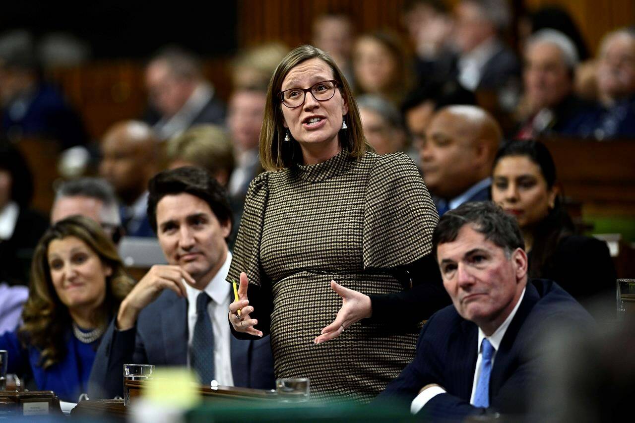 Leader of the Government in the House of Commons Karina Gould rises during Question Period in the House of Commons on Parliament Hill in Ottawa on Tuesday, Nov. 28, 2023. THE CANADIAN PRESS/Justin Tang