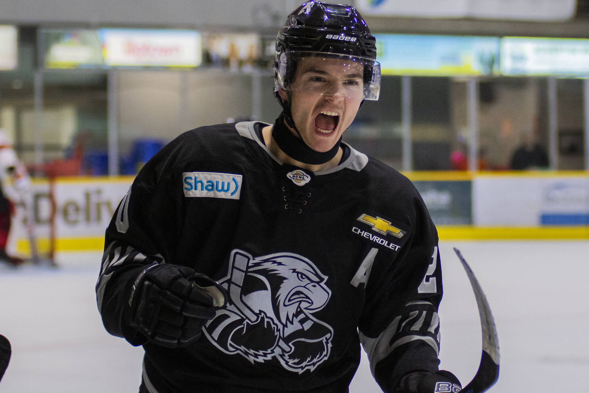 Surrey Eagles left winger Ante Zlomislic after scoring a goal at a recent game. Neck guards are now mandatory – based on availability of the protective neckwear – in the British Columbia Hockey League, in the wake of the death of a former NHLer in England. (Tav Morrison Media photo)