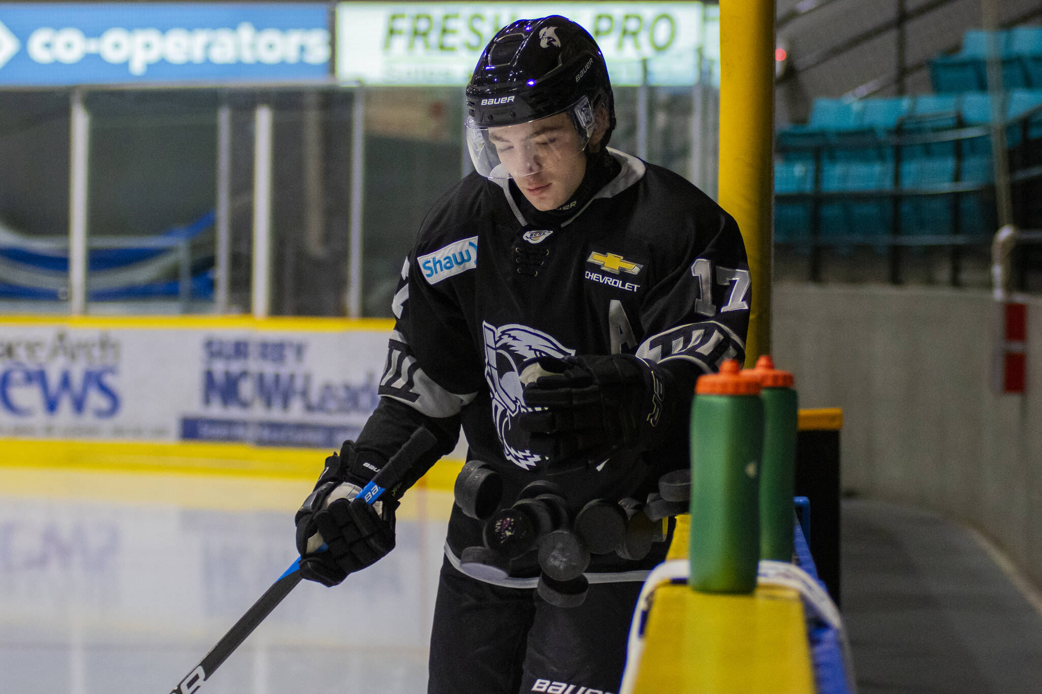 Surrey Eagles centre (and scholarship winner) Zachary Wagnon at a recent game. Neck guards are now mandatory – based on availability of the protective neckwear – in the British Columbia Hockey League, in the wake of the death of a former NHLer in England. (Tav Morrison Media photo)