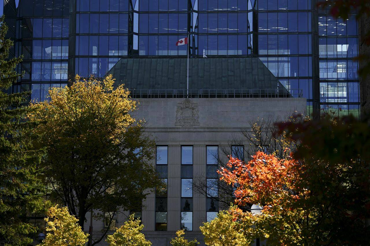 The Bank of Canada is framed by fall-coloured leaves in Ottawa on Monday, Oct. 23, 2023. The Bank of Canada’s public consultations on the creation of a digital Canadian dollar reveal most respondents are opposed to it. THE CANADIAN PRESS/Sean Kilpatrick