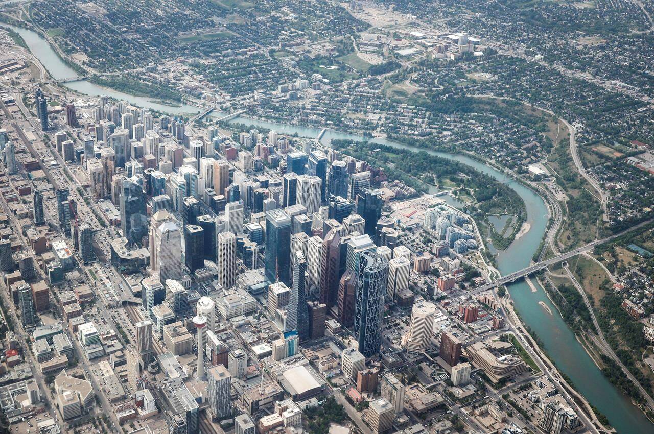 Downtown Calgary is seen from the air on Wednesday, May 31, 2023. New research has found that nearly 60 per cent of public spaces in Calgary, Vancouver and Ottawa are either inaccessible or partially inaccessible to people with disabilities. THE CANADIAN PRESS/Jeff McIntosh