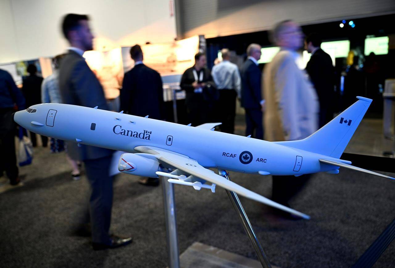 Federal ministers expected to announce sole-source deal for Boeing patrol plane today. A scale model of the Boeing P-8 Poseidon is seen at the CANSEC trade show in Ottawa, on Thursday, June 1, 2023.THE CANADIAN PRESS/Justin Tang