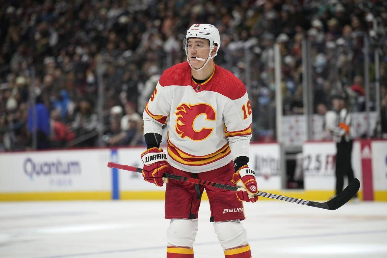 Calgary Flames defenceman Nikita Zadorov (16) in the third period of an NHL hockey game Saturday, Nov. 25, 2023, in Denver. The Vancouver Canucks have acquired defenceman Nikita Zadorov from the Calgary Flames in exchange for a fifth-round pick in the 2024 NHL draft and a third-round pick in 2026. THE CANADIAN PRESS/AP, David Zalubowski