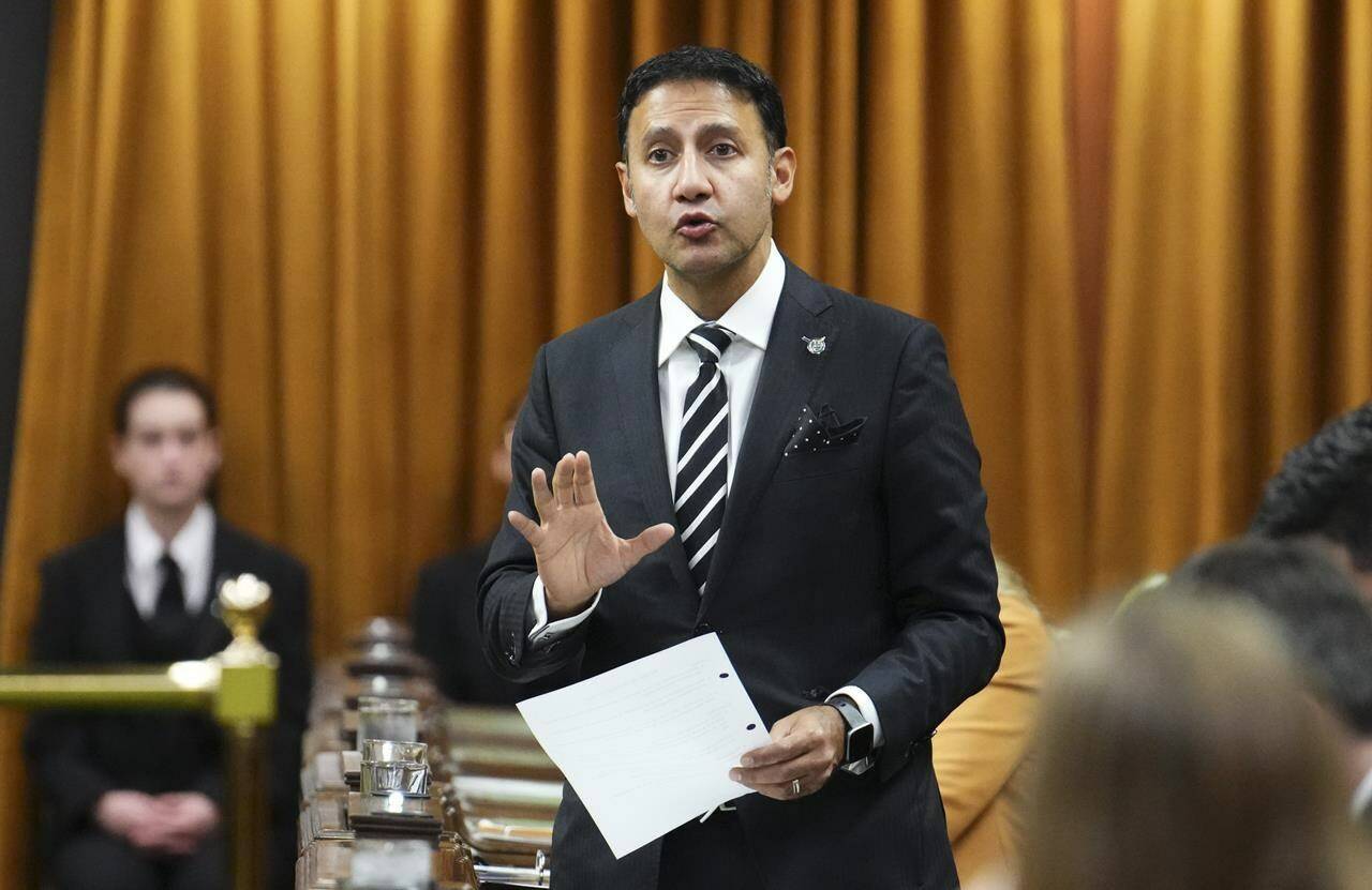Minister of Justice and Attorney General of Canada Arif Virani rises during question period in the House of Commons on Parliament Hill in Ottawa on Thursday, Oct. 26, 2023. Virani is urging the House of Commons to accept changes the Senate made to the government’s bail reform package.THE CANADIAN PRESS/Sean Kilpatrick