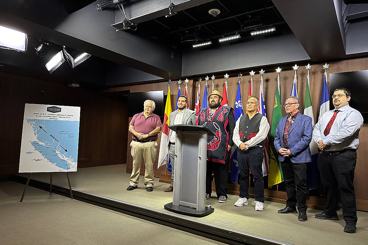 Attending the Nov. 28 press conference to present an Indigenous-led finfish aquaculture transition framework are: Thomas Smith, Deputy Chief Isaiah Robinson, Dallas Smith, Chief Simon Tom, Brian Assu, and James Wallas. Photo contributed