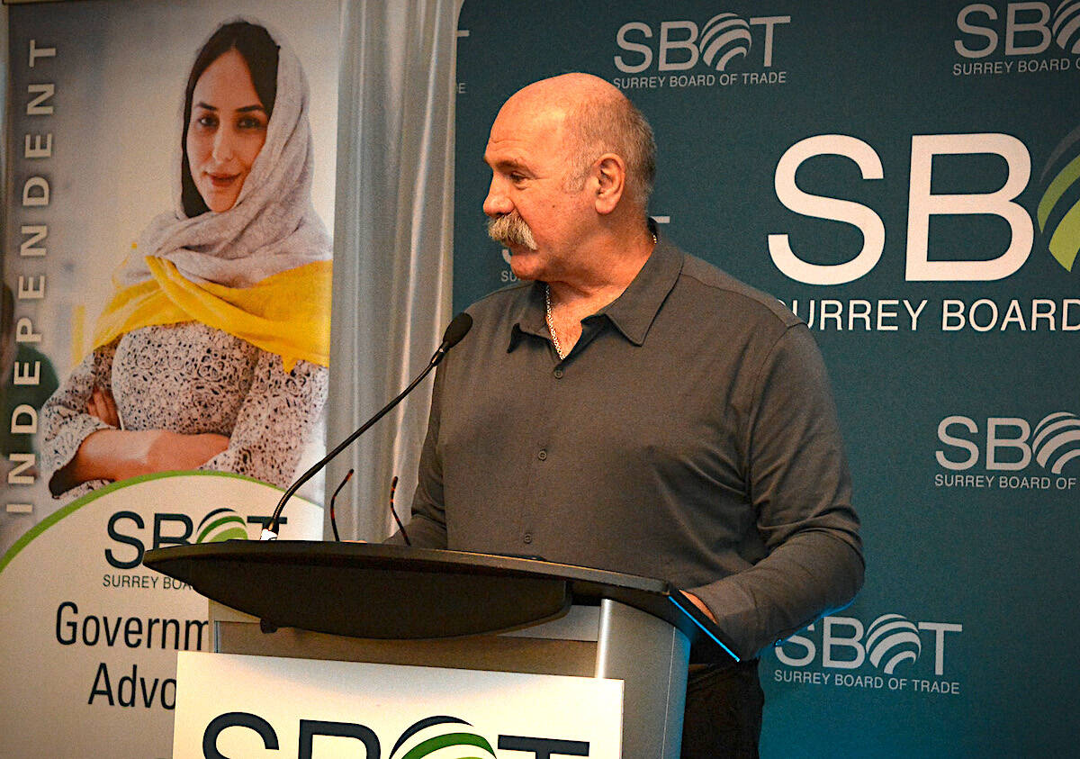 Former NHL hockey player Dave Babych speaks at the Surrey Arts & Business Awards luncheon at Sheraton Vancouver Guildford Hotel on Tuesday, Nov. 28, 2023. (Contributed photo: SBOT)