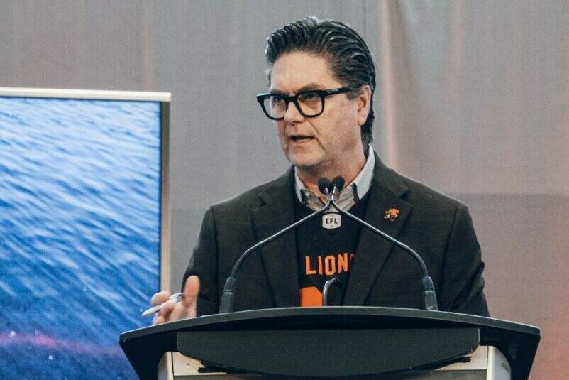 B.C. Lions Chief Operating Officer Duane Vienneau addresses the media during a press conference in Victoria to announce the Touchdown Pacific clash between the Lions and the Ottawa Redblacks on Aug. 31 at Royal Athletic Park. courtesy Liam Thomson, B.C. Lions