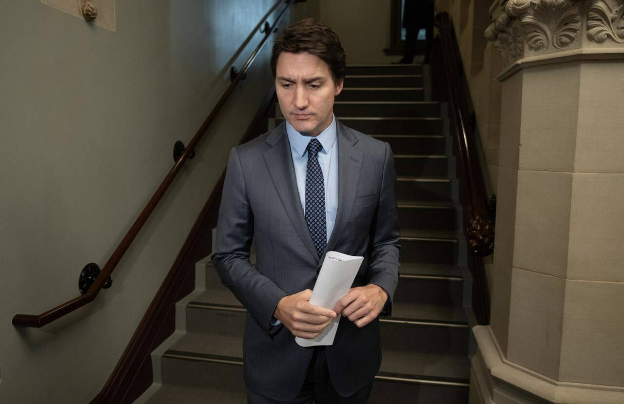Prime Minister Justin Trudeau says allegations of a toxic culture, involving harassment and sexual assault at Canada’s spy agency are “devastating” and “absolutely unacceptable.” Trudeau speaks with reporters before caucus, Wednesday, Nov. 29, 2023 in Ottawa. THE CANADIAN PRESS/Adrian Wyld