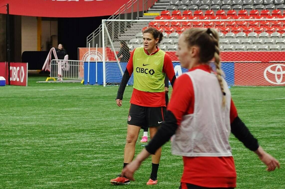 Canada’s Christine Sinclair, left, practices with teammates ahead of Tuesday’s friendly match against Australia in Vancouver on Sunday, Dec. 3, 2023. THE CANADIAN PRESS/Neil Davidson