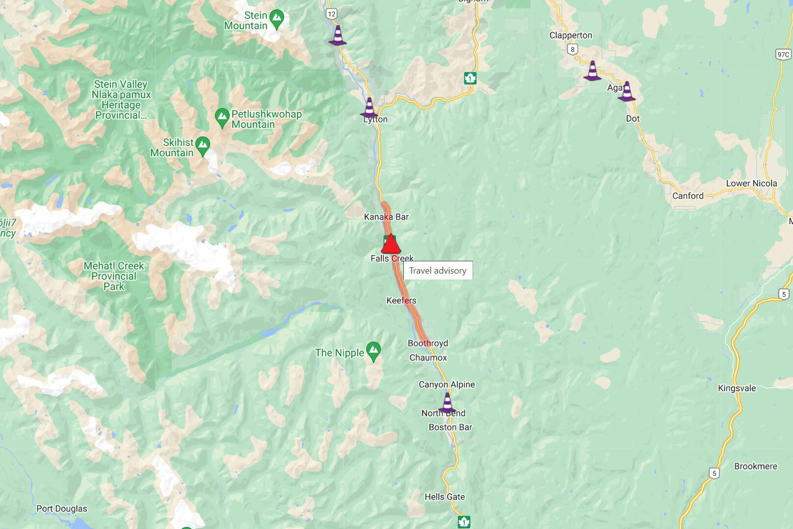 Due to the upcoming heavy rainfall, the Ministry of Transportation and Infrastructure is closing Highway 1 through the Fraser Canyon on Monday (Dec. 7) at 7 p.m. (DriveBC/X/Twitter)