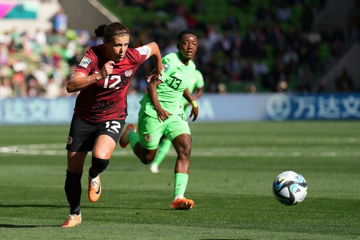 Canada’s Christine Sinclair runs with the ball during Group B soccer action against Nigeria at the FIFA Women’s World Cup in Melbourne, Australia, Friday, July 21, 2023. A young Sinclair caught the eye of then team coach Even Pellerud in 1999. THE CANADIAN PRESS/Scott Barbour